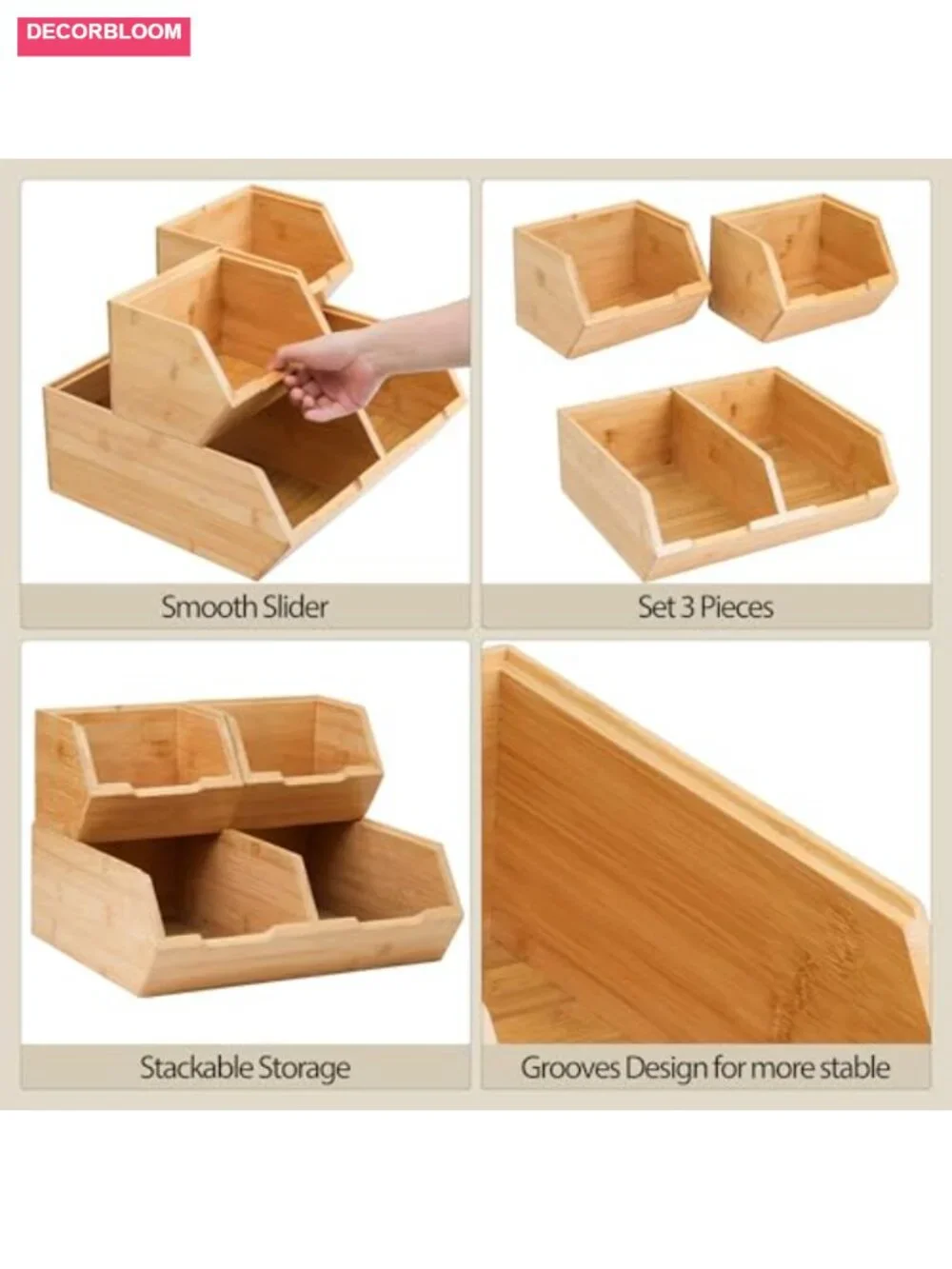 Bamboo Stackable Pantry Storage Bins Set of 3 Produce Organizer